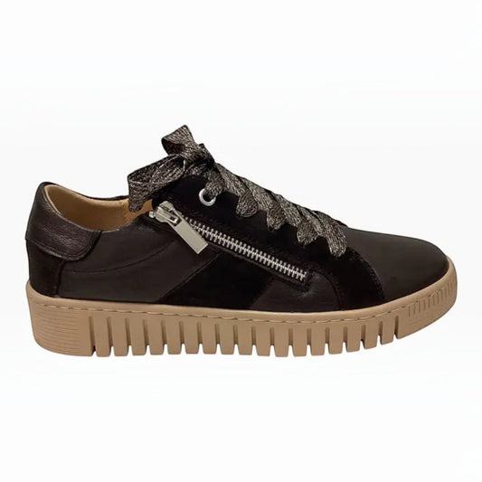 The Shoe Shop EOS Tinah black mixed-material sneaker with side zip, metallic laces, and a chunky tan rubber outsole.