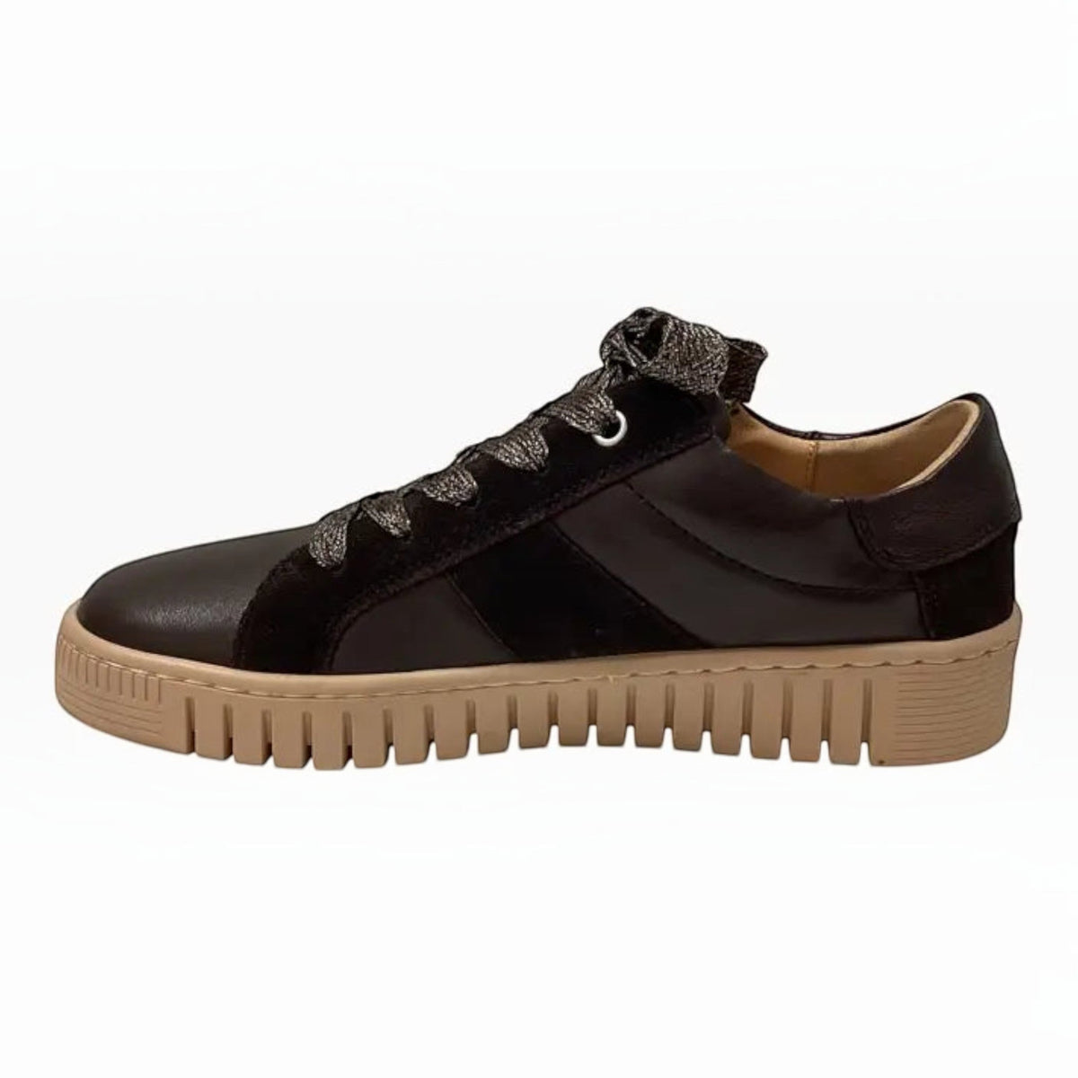 The Shoe Shop EOS Tinah sneaker in black mixed-material with textured laces and a chunky tan rubber outsole.