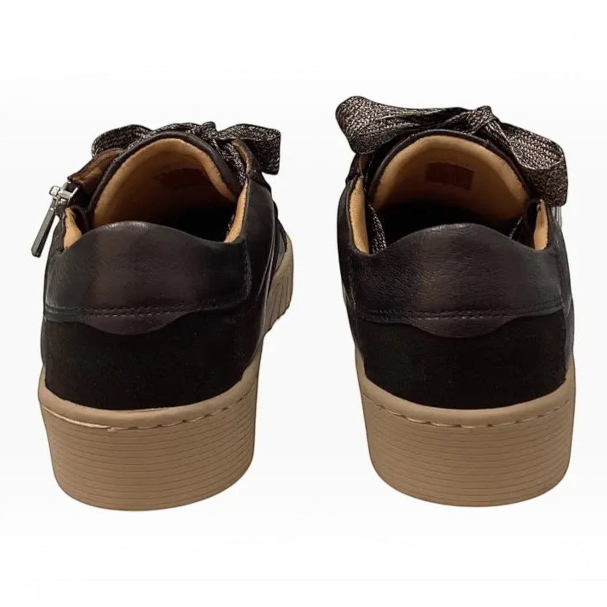 The Shoe Shop EOS Tinah black mixed-material sneakers with side zips and metallic ribbon laces, rear view.