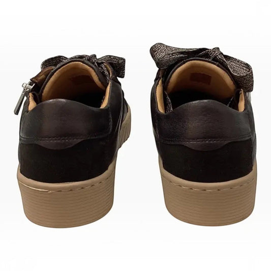 The Shoe Shop EOS Tinah black mixed-material sneakers with side zips and metallic ribbon laces, rear view.