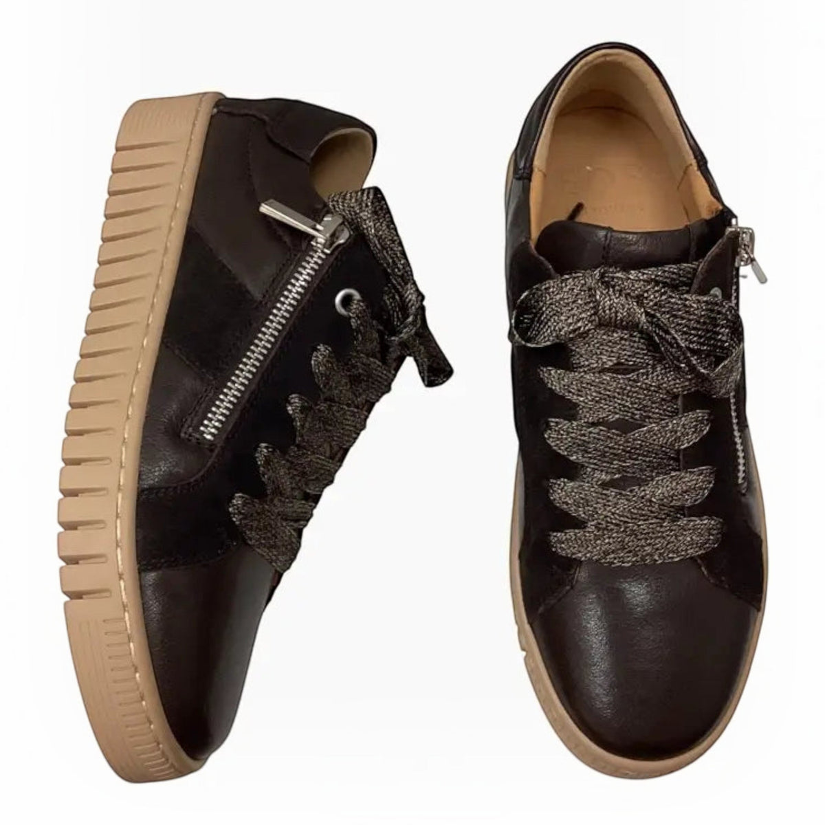 The Shoe Shop EOS Tinah dark brown mixed-material sneakers with side zip, metallic laces, and thick rubber outsole.