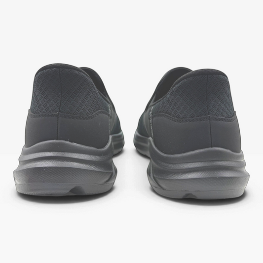 The Shoe Shop Equalizer Stoaver regular fit black slip-on shoes viewed from the back showing textured mesh heels