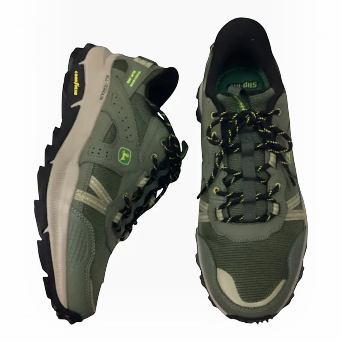 The Shoe Shop Skechers x John Deere Equalizer 5.0 Trail Harvester olive green sneakers with rugged rubber outsoles.