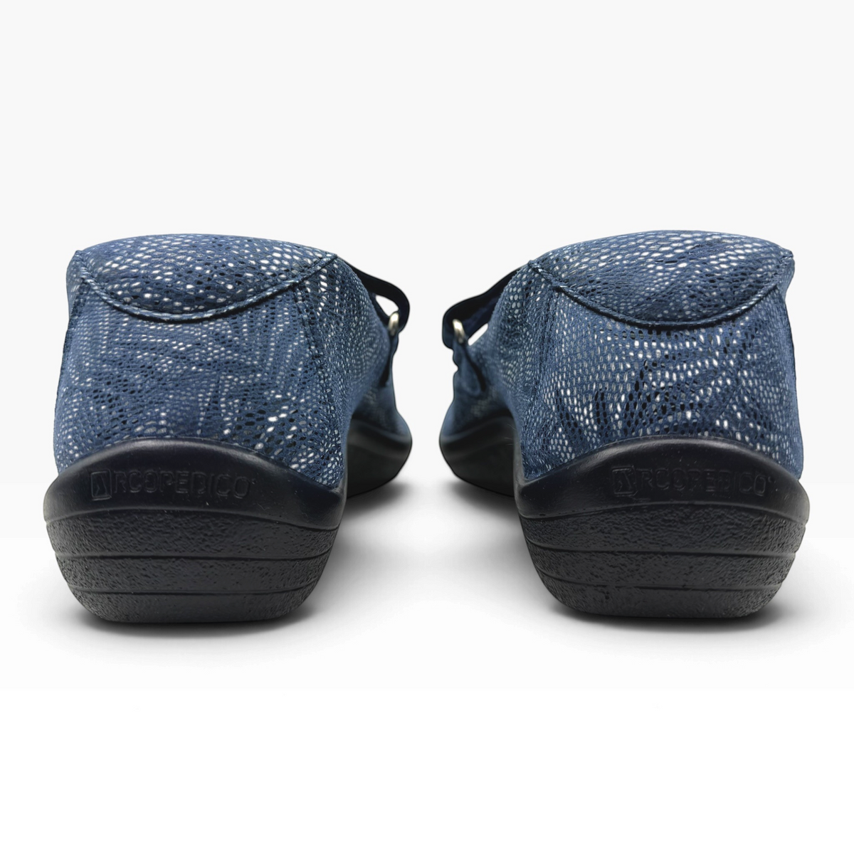 The Shoe Shop Estrela Mary-Jane flat in blue Lytech with a decorative palm tree pattern and black supportive sole.