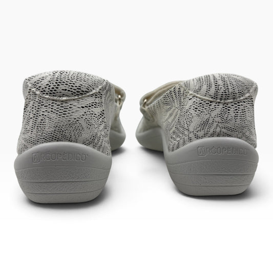 The Shoe Shop Estrela Mary-Jane flats in white with a textured palm tree pattern and supportive grey rubber soles.