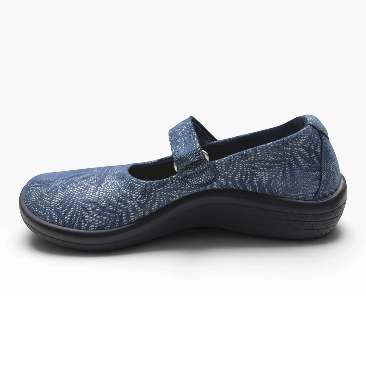The Shoe Shop Estrela Mary-Jane flat in blue Lytech with a decorative palm tree pattern and adjustable strap.