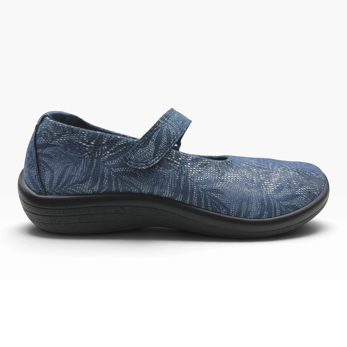The Shoe Shop Estrela Mary-Jane flat in navy blue Lytech with a decorative palm tree pattern and adjustable strap.