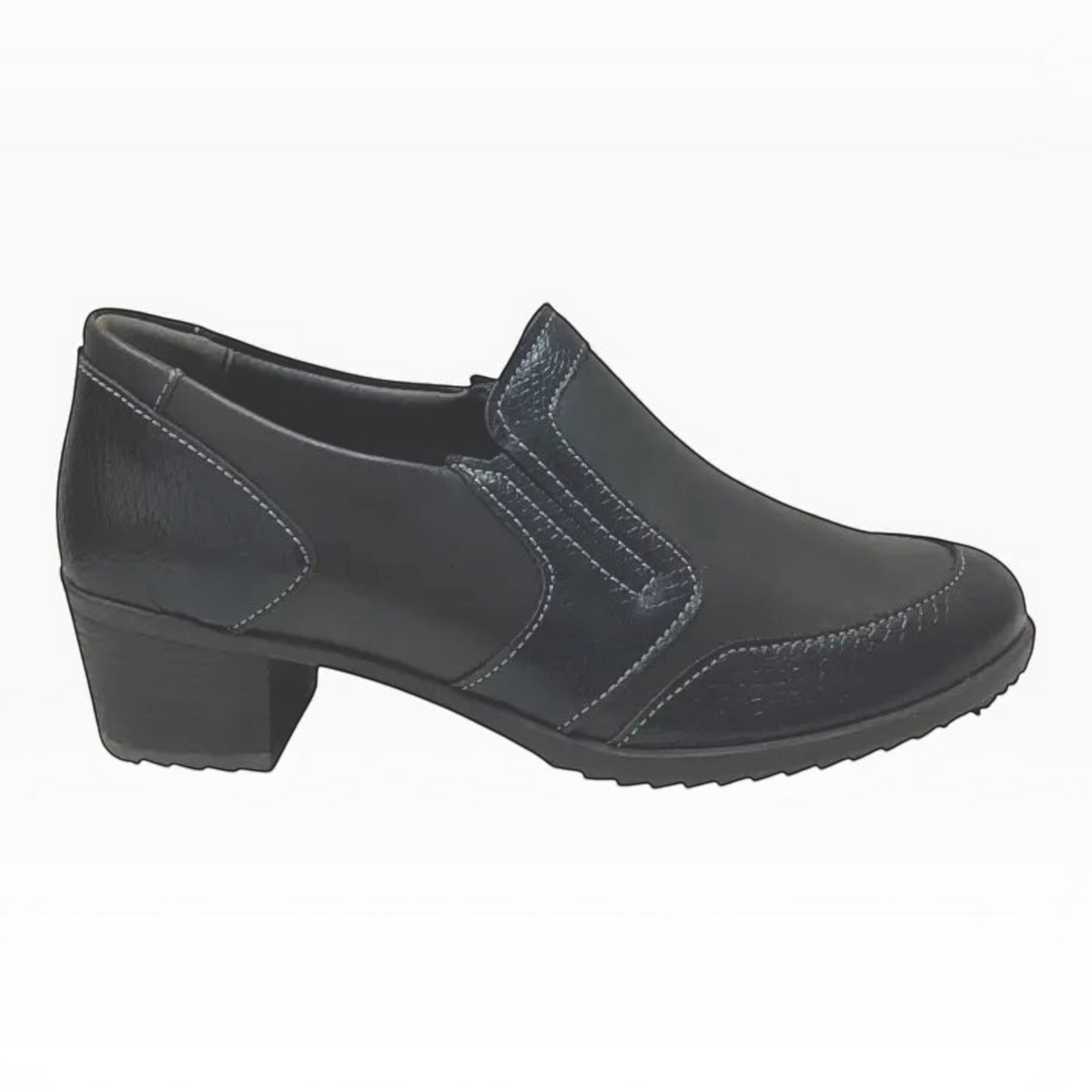 The Shoe Shop Etta black leather block heel shoe with textured panel detailing and elastic side gore