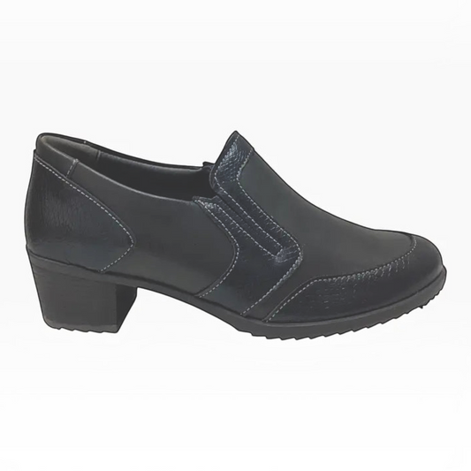 The Shoe Shop Etta black leather block heel shoe with textured panel detailing and elastic side gore