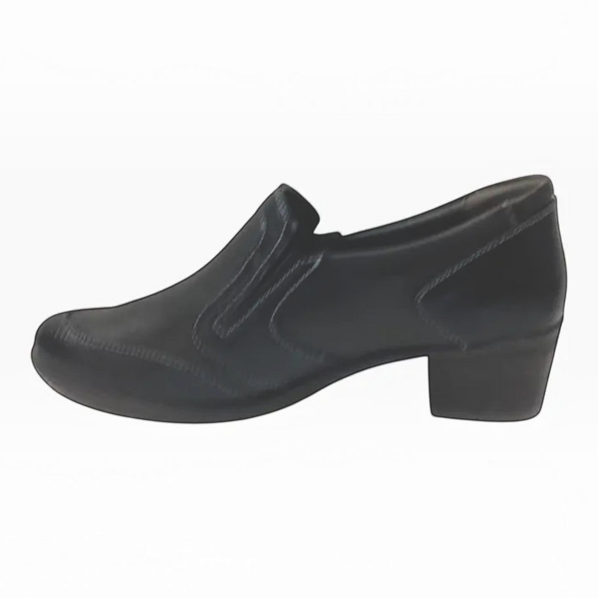 The Shoe Shop Etta black leather block heel shoe with textured detailing and elastic side gore for a secure fit.