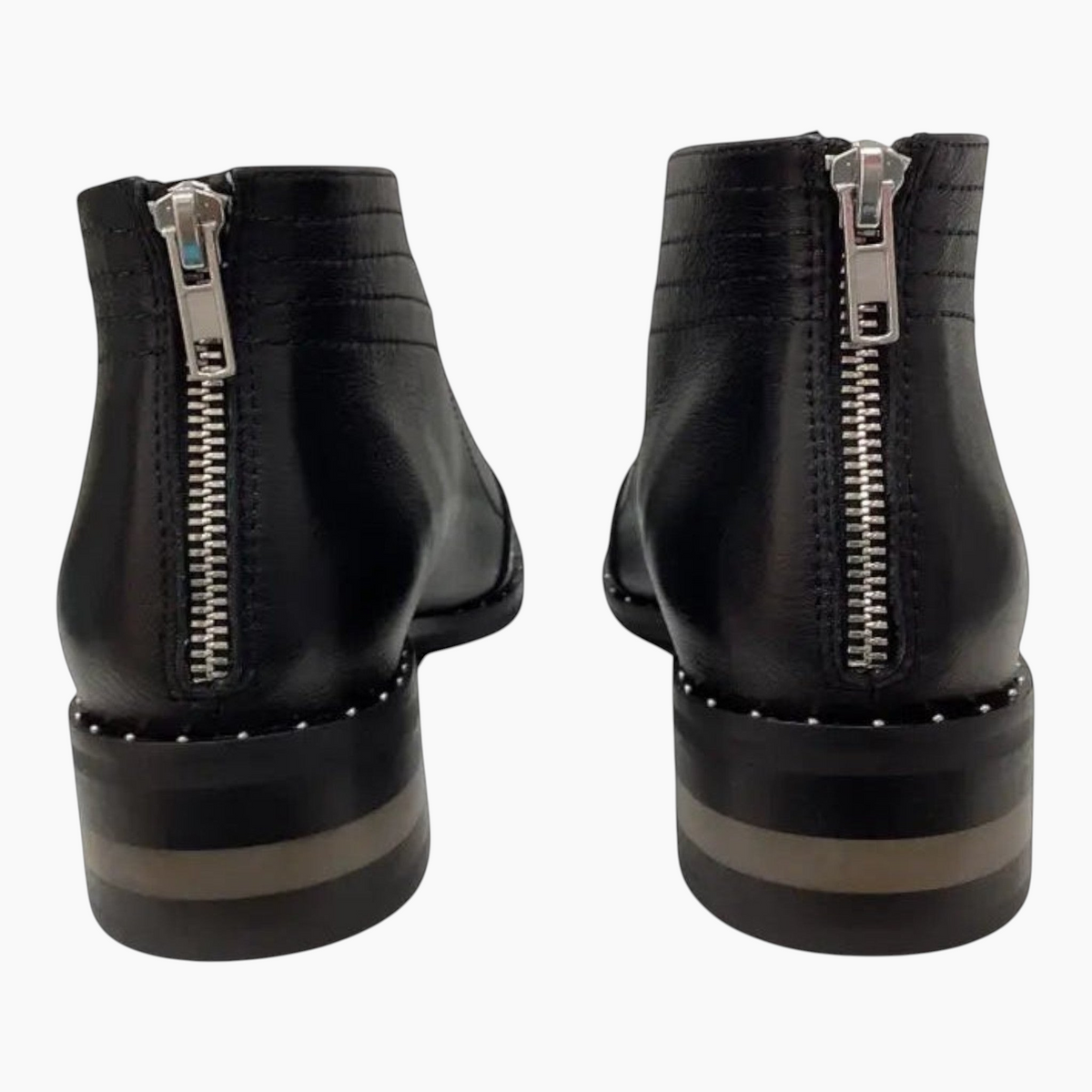 The Shoe Shop Faradays black leather ankle boots featuring a rear silver zipper and a striped block heel