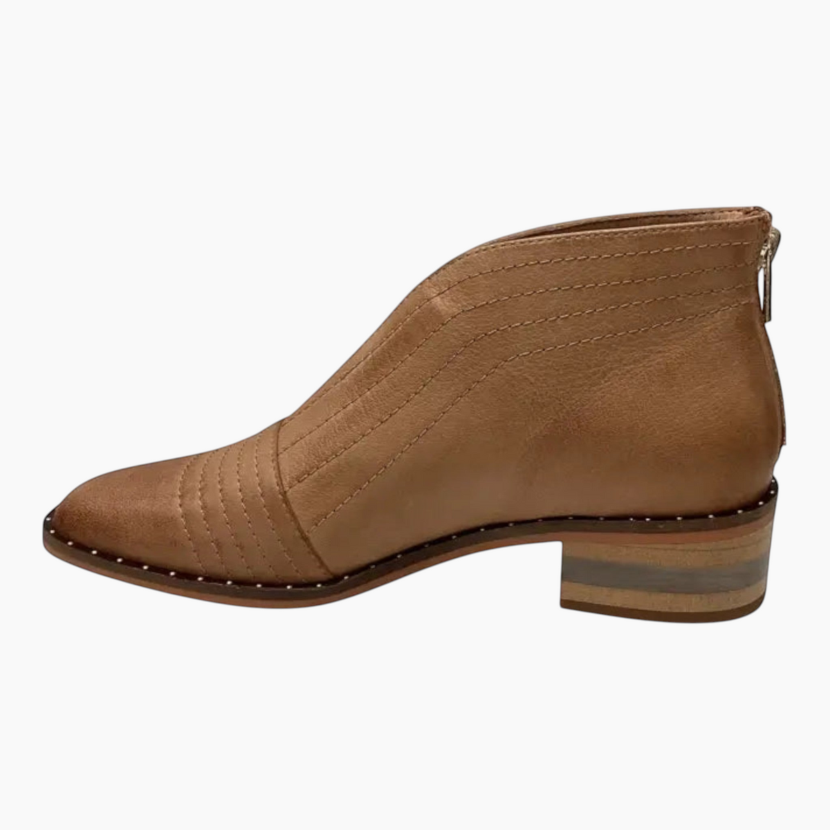 The Shoe Shop Faradays tan leather ankle boot with stitched detailing, low block heel, and back zipper closure.