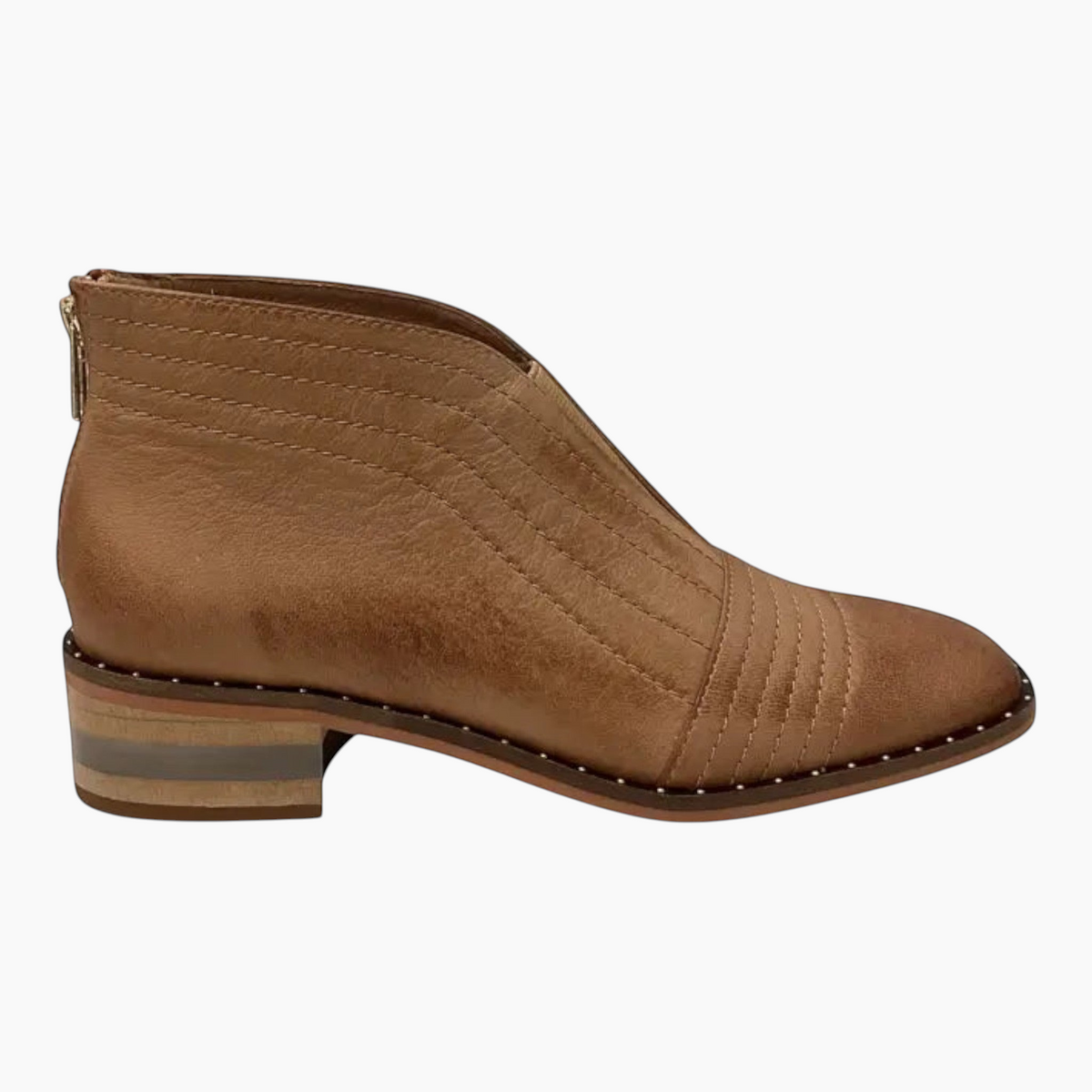 The Shoe Shop Faradays Boot in tan leather with stitched detailing, low block heel, and back zipper closure.