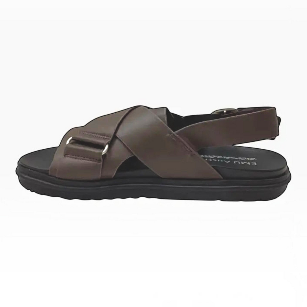 The Shoe Shop Faye espresso brown leather sandal with crossed front straps and adjustable buckle heel strap