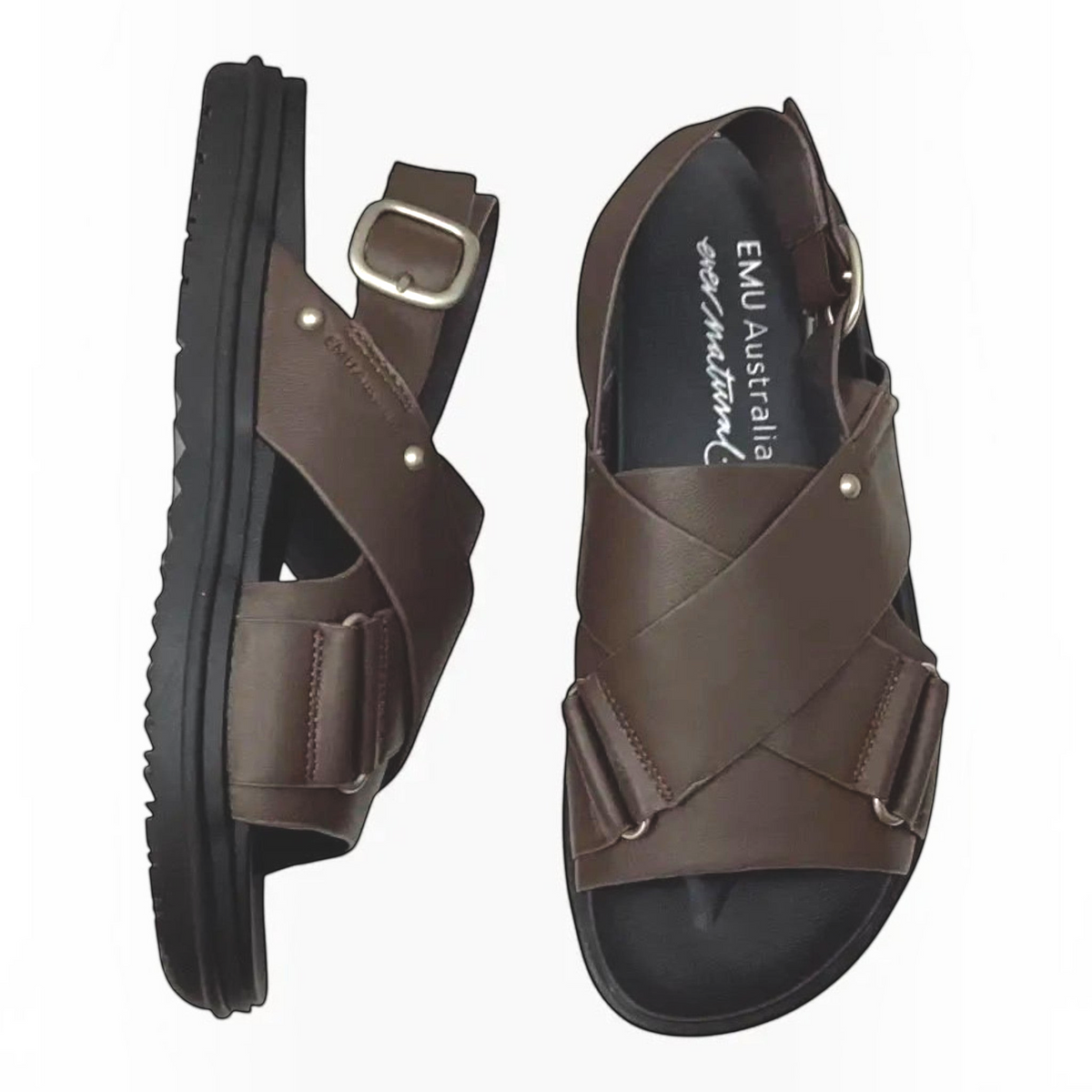 The Shoe Shop Faye espresso leather sandals with crossed front straps, adjustable buckle, and ridged rubber sole.