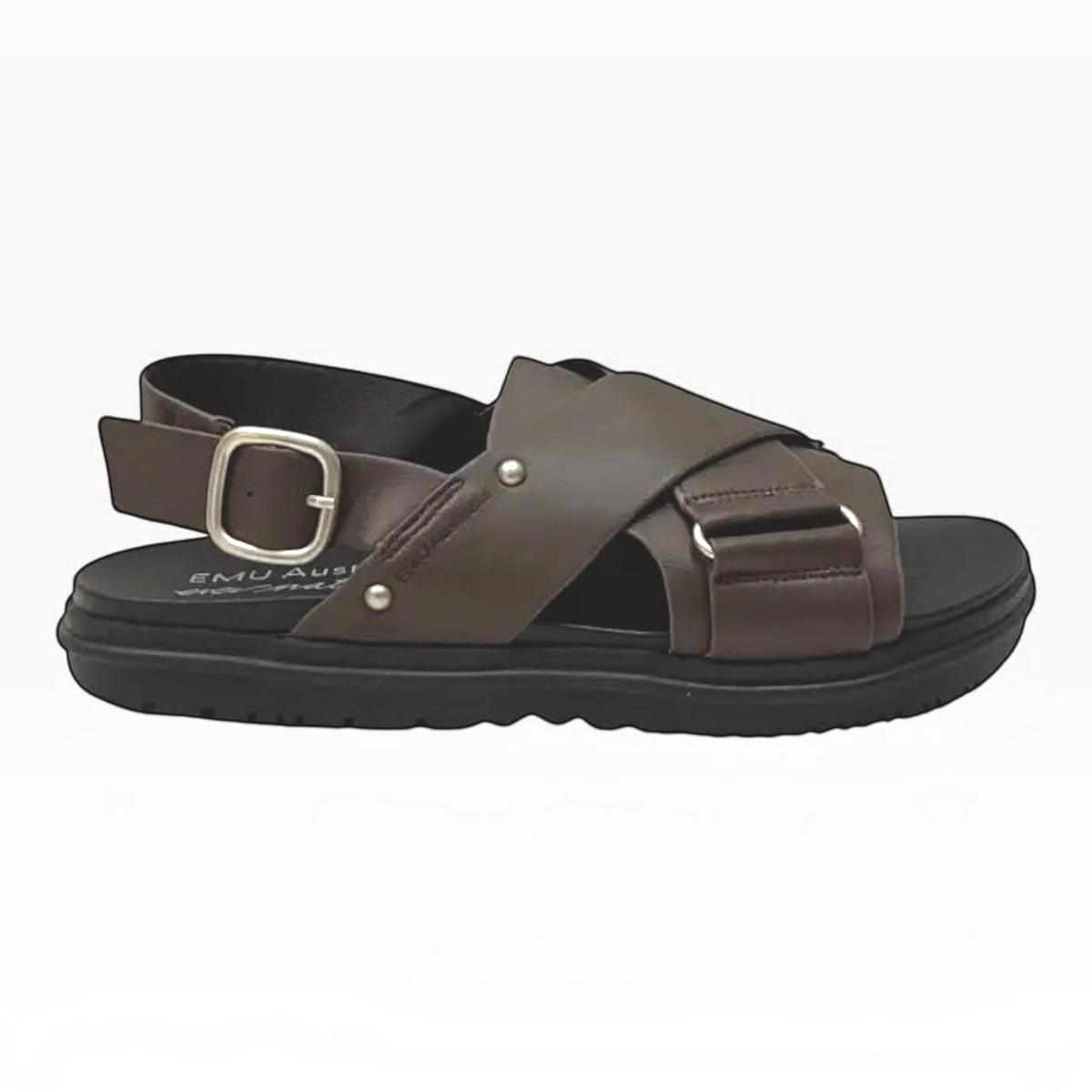 The Shoe Shop Faye espresso brown leather sandal with crossed straps, buckle heel closure, and ridged rubber sole.