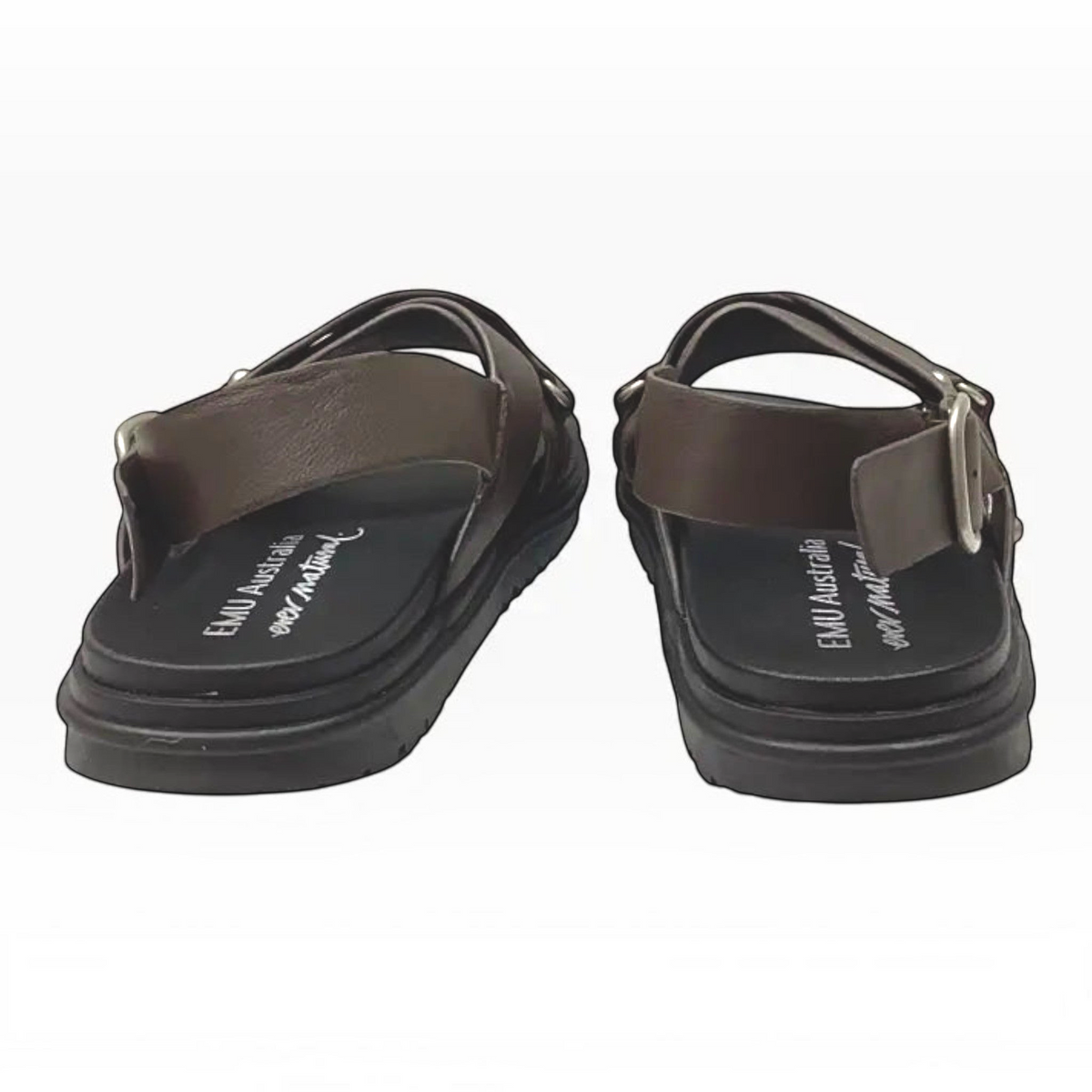 The Shoe Shop Faye espresso brown leather sandals with adjustable heel straps and cushioned footbeds