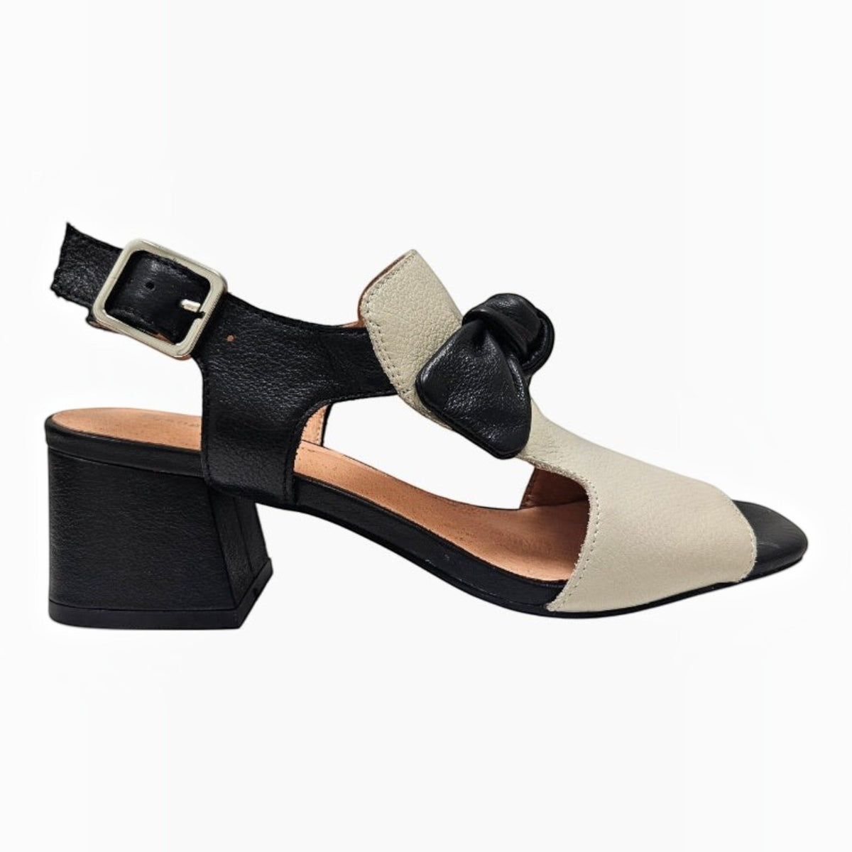 The Shoe Shop Felia leather block heel sandal in black and cream with a bow detail and adjustable ankle strap.