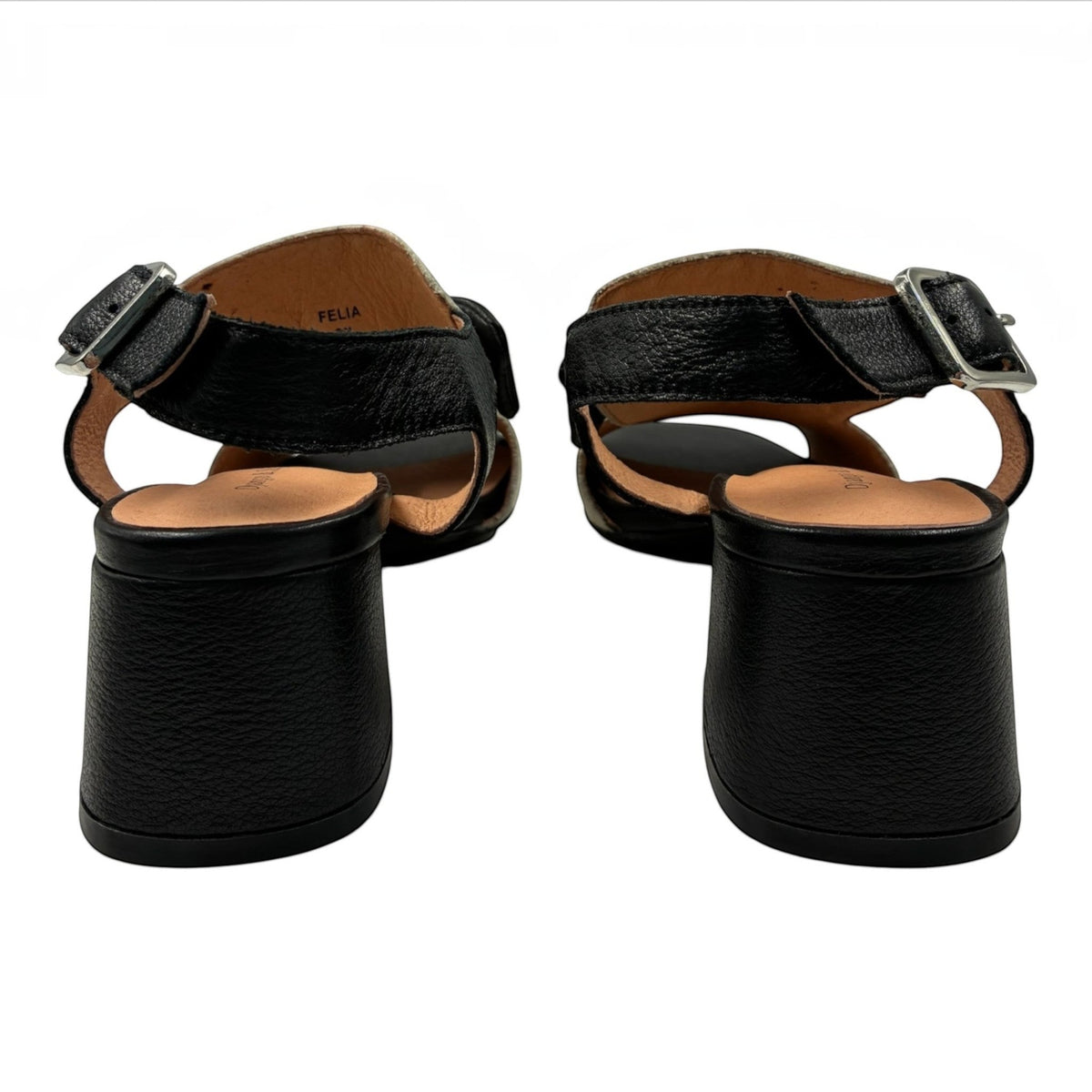 The Shoe Shop Felia black leather sandals featuring a supportive block heel and adjustable buckle ankle straps