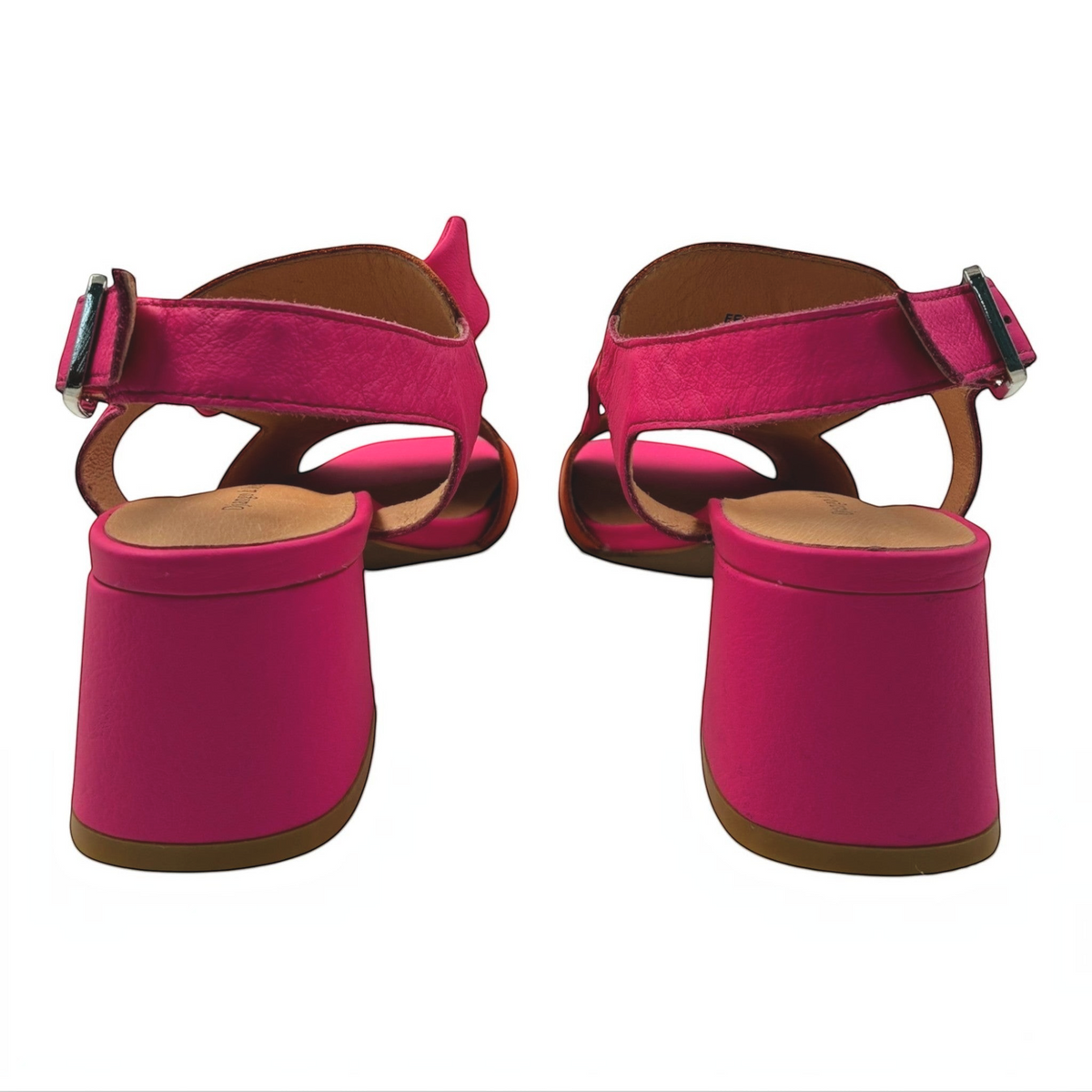 The Shoe Shop Felia leather sandals in bright pink with a supportive block heel and adjustable ankle buckle strap