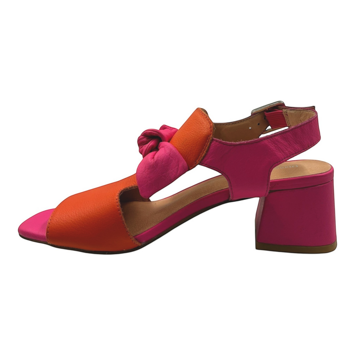 The Shoe Shop Felia leather block heel sandal in vibrant pink and orange with a decorative bow and ankle strap.