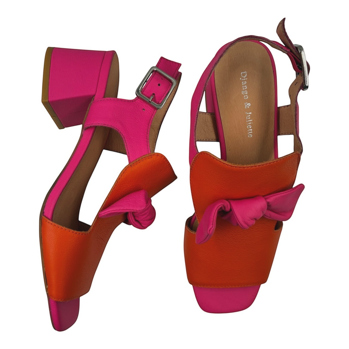 The Shoe Shop Felia leather block heel sandals in vibrant pink and orange with a decorative bow and ankle strap