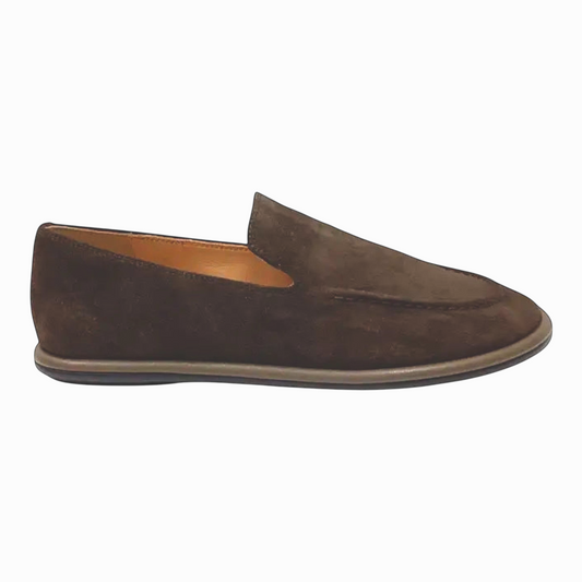 The Shoe Shop Felicity dark brown suede loafer with ribbed toe detail and a durable rubber sole, side profile view.