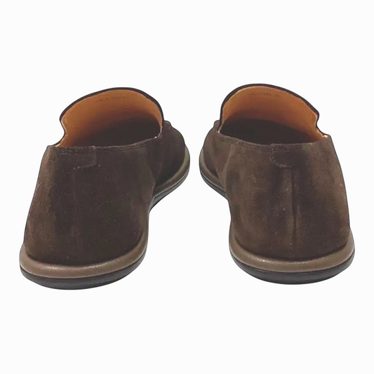 The Shoe Shop Felicity dark brown suede loafers featuring a sleek silhouette and durable rubber soles, rear view.