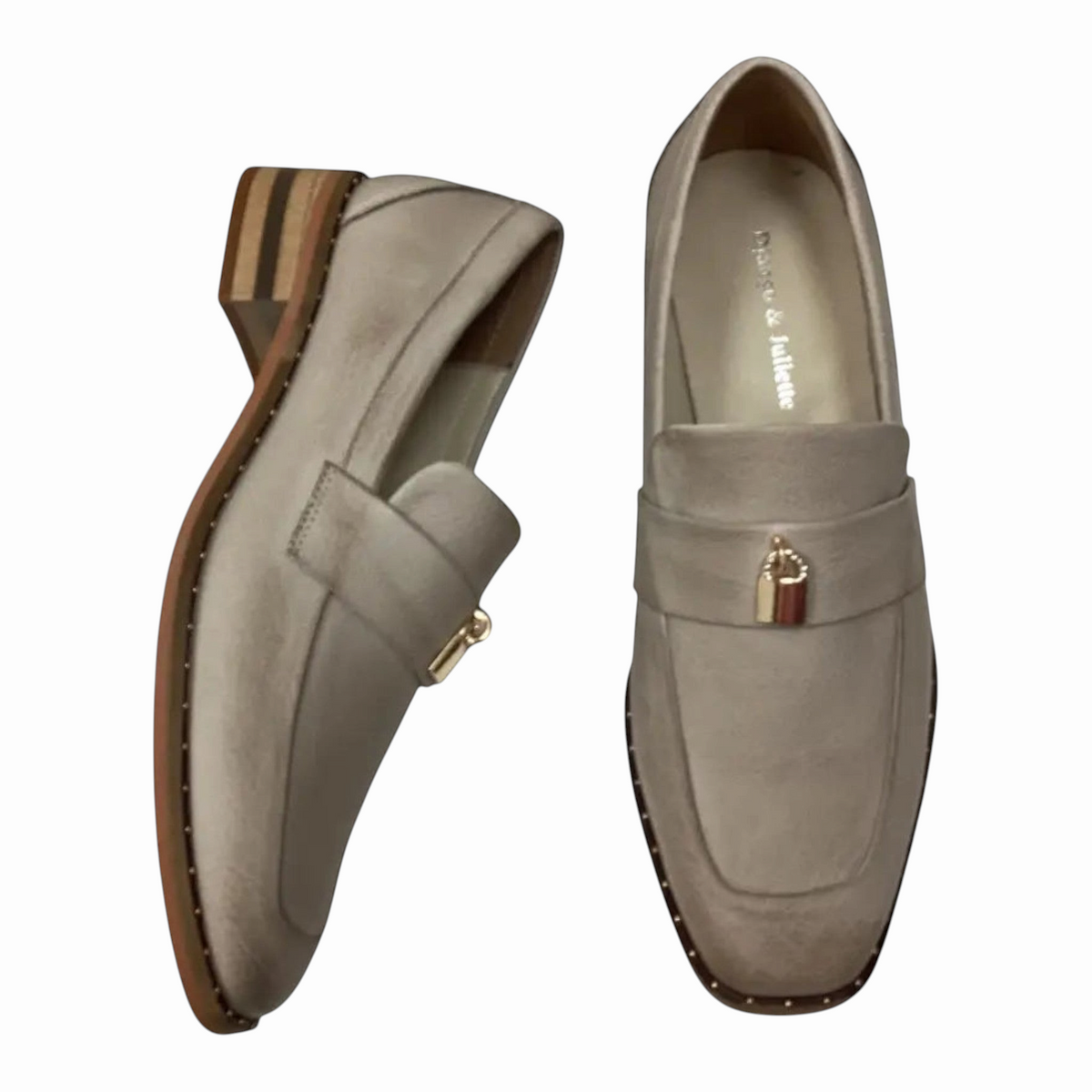 The Shoe Shop Django & Juliette Fillipia beige leather loafers with square toe, studded detail, and low stacked heel.