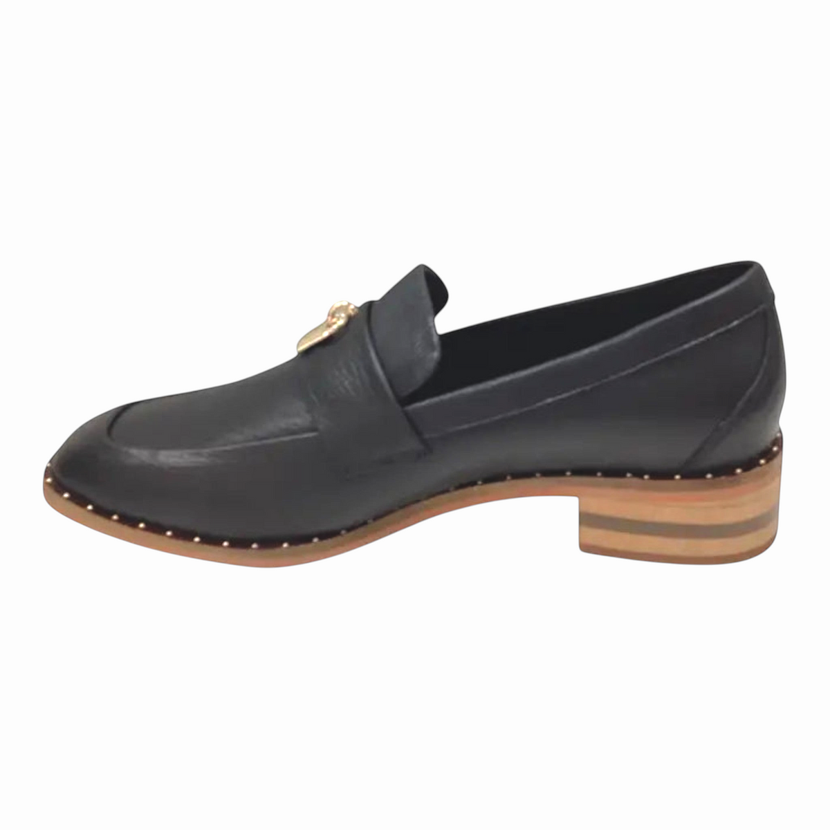 The Shoe Shop Fillipia black leather loafer with square toe, low stacked heel, and gold studded detailing.