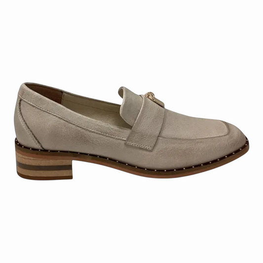 The Shoe Shop Django & Juliette Fillipia leather loafers in beige with a square toe, low stacked heel, and studs.