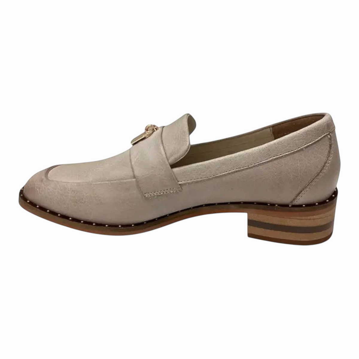 The Shoe Shop Django & Juliette Fillipia leather loafer in beige with square toe, studded trim, and low stacked heel.