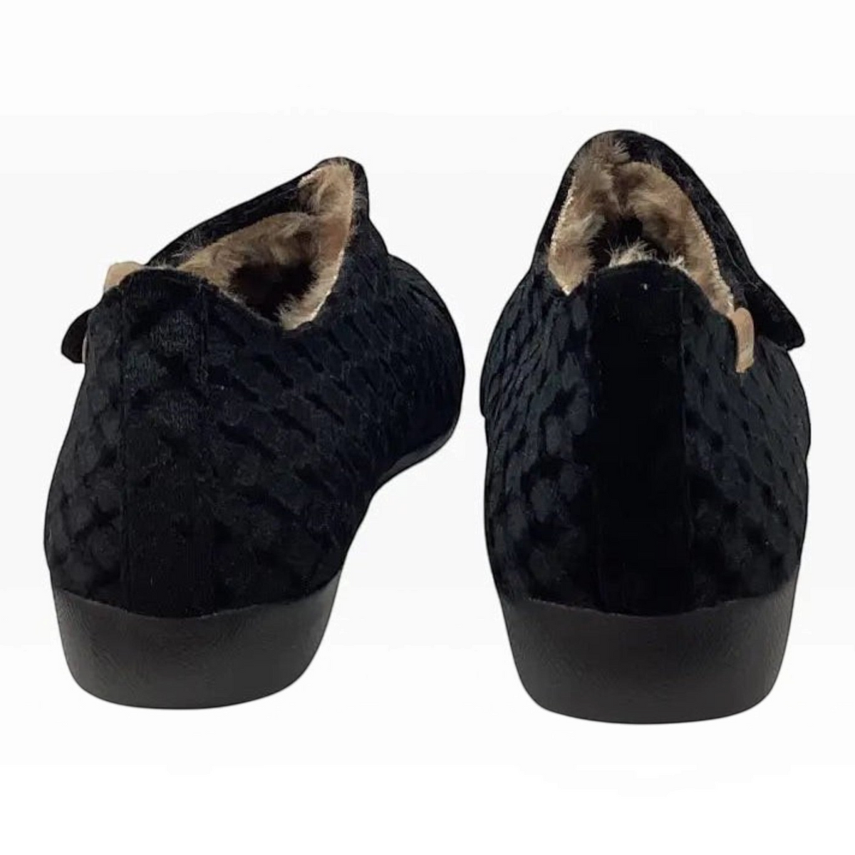 The Shoe Shop Fliss XW black fabric slippers with a textured pattern, cosy faux fur lining, and extra wide fit.