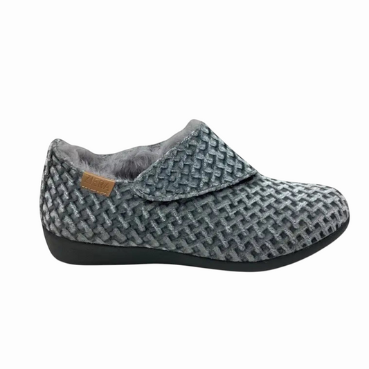 The Shoe Shop Fliss XW grey textured fabric slipper with a cosy lining, adjustable strap, and cushioned footbed.
