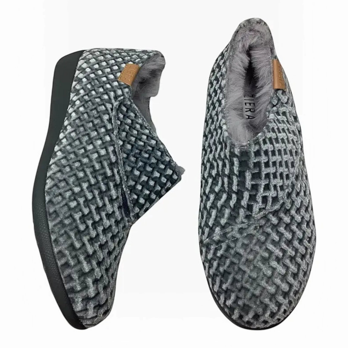 The Shoe Shop Fliss XW extra wide grey textured fabric slippers with cosy faux fur lining and cushioned footbed.