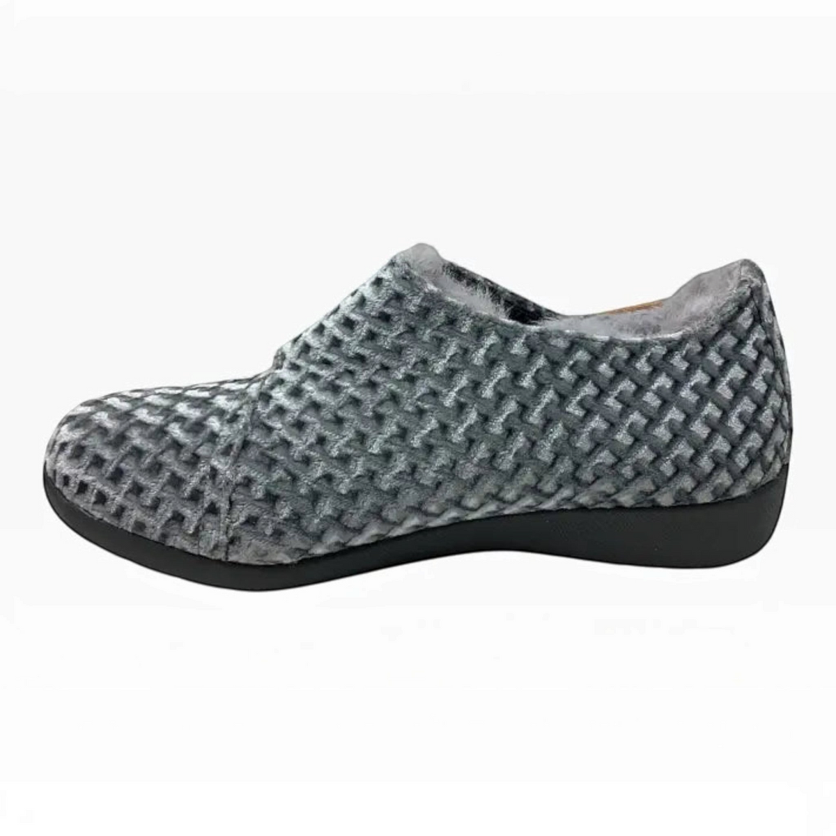 The Shoe Shop Fliss XW slipper in grey with a textured woven pattern and plush faux fur lining