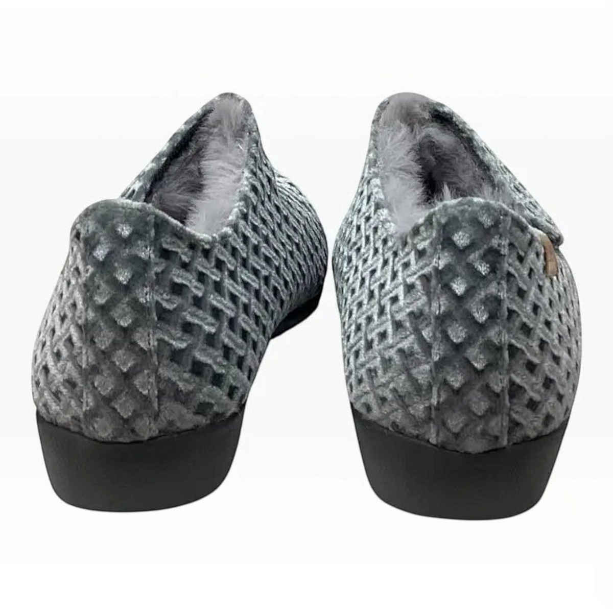 The Shoe Shop Fliss XW extra wide grey velvet slippers with a textured quilted pattern and warm faux fur lining.