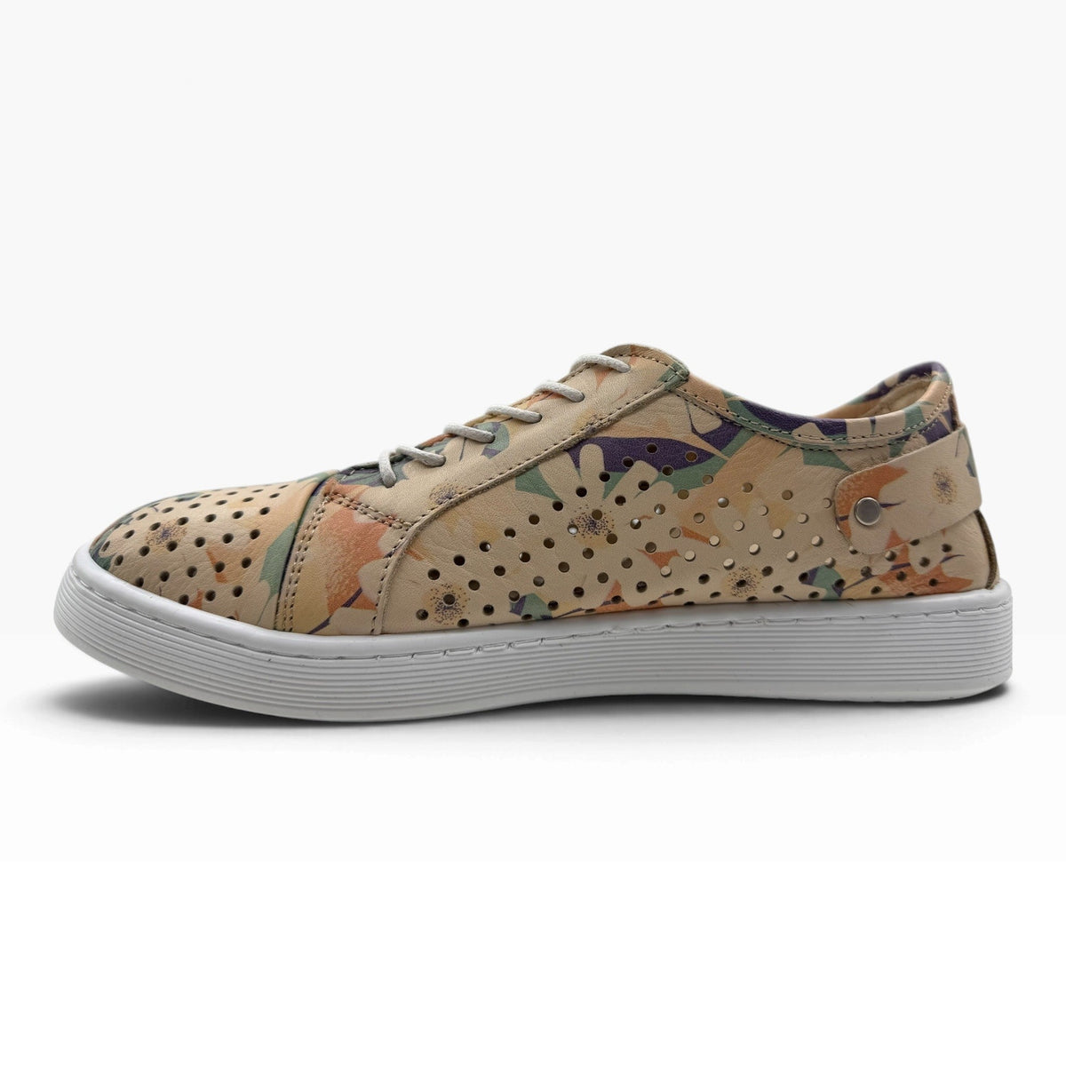 The Shoe Shop Cabello EG17 floral leather sneaker with punched upper, side zip, and white flexible rubber sole.