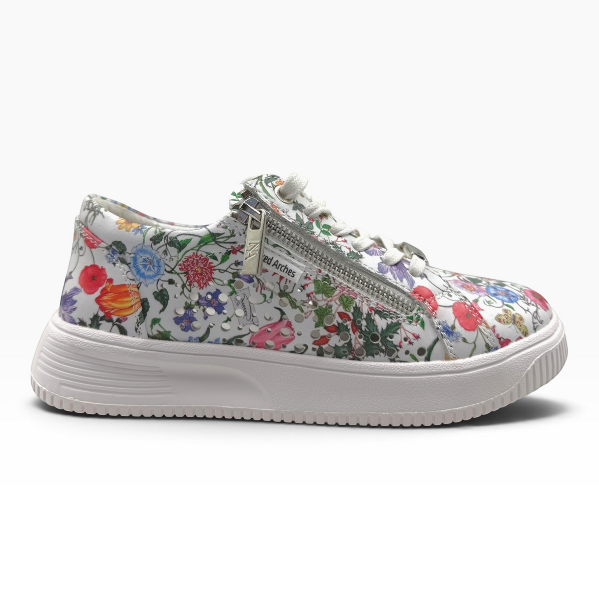 The Shoe Shop Naked Arches Noble floral leather sneaker with side zip, lace-up front, and white platform sole.