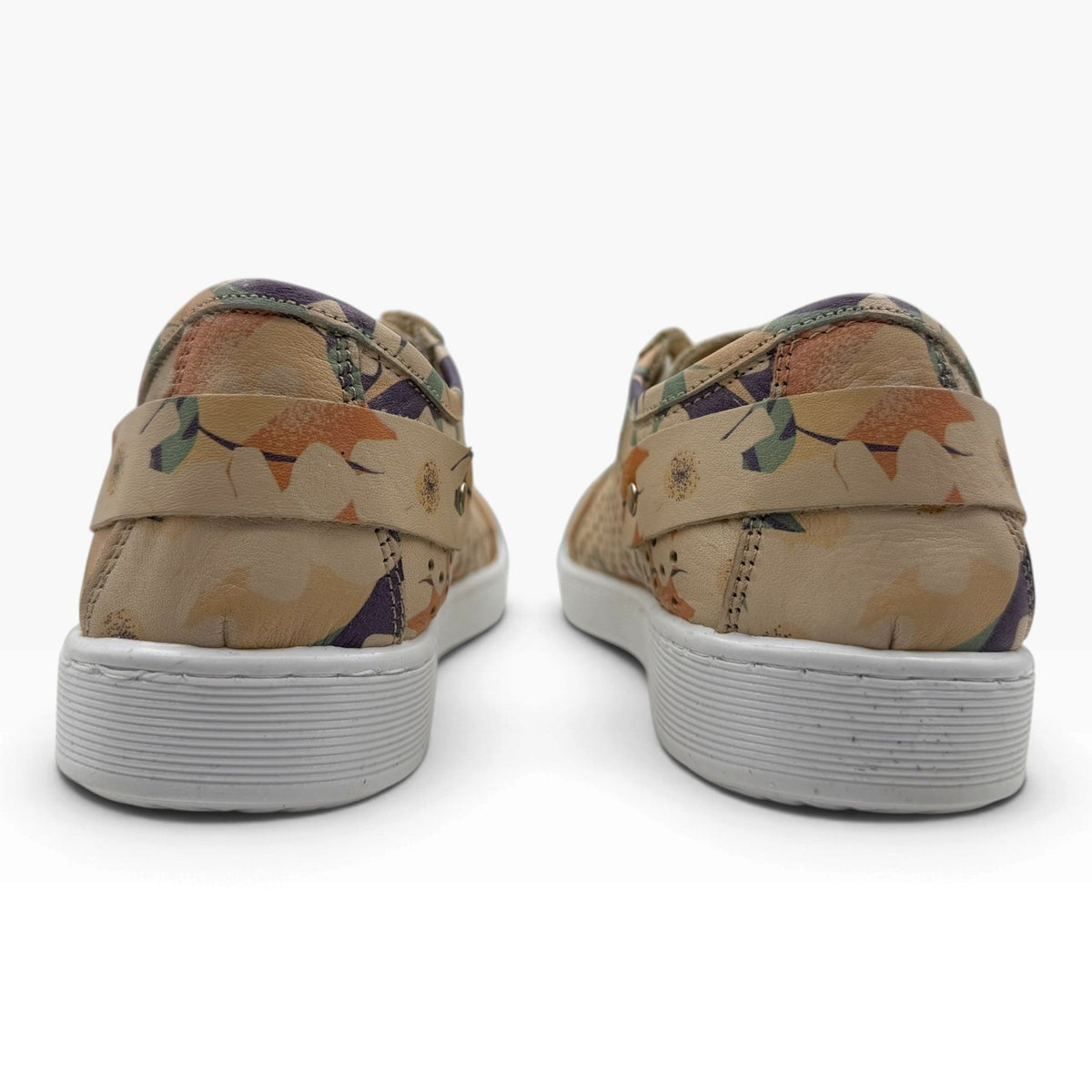 The Shoe Shop Cabello EG17 floral leather sneakers with white rubber soles, shown from the back view.