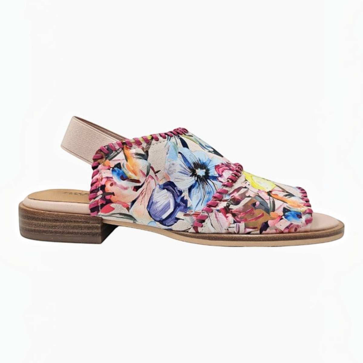 The Shoe Shop Serenade floral print suede sandal with pink whipstitch detailing and an open back design.