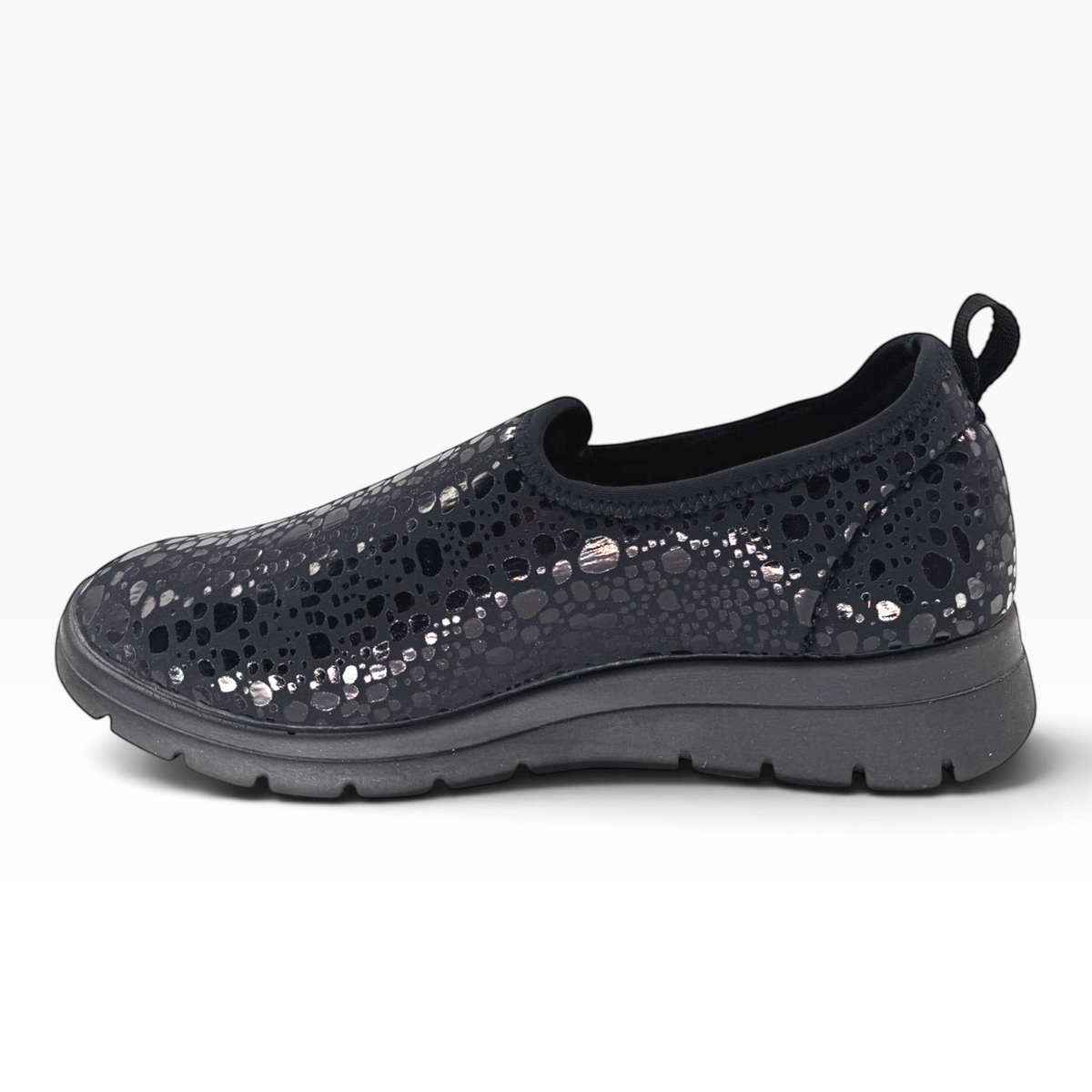 The Shoe Shop Florence black slip-on shoe with a textured, stretchy upper and comfortable cushioned sole.