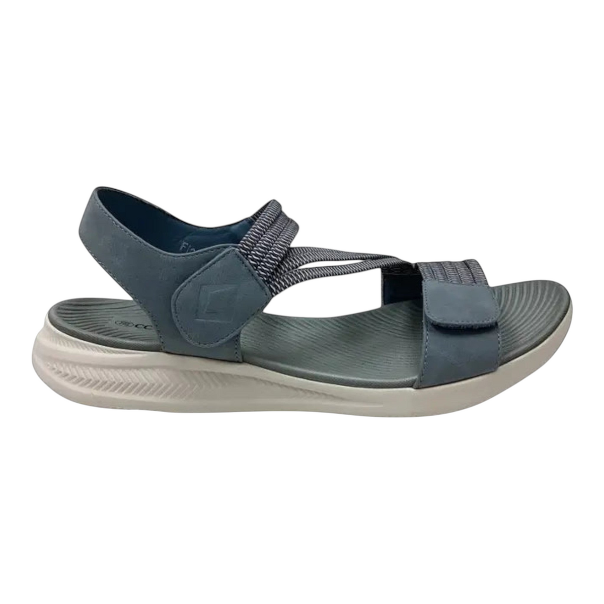 The Shoe Shop Florrie blue textile sandals with velcro straps, cushioned footbed, and anti-skid sole.
