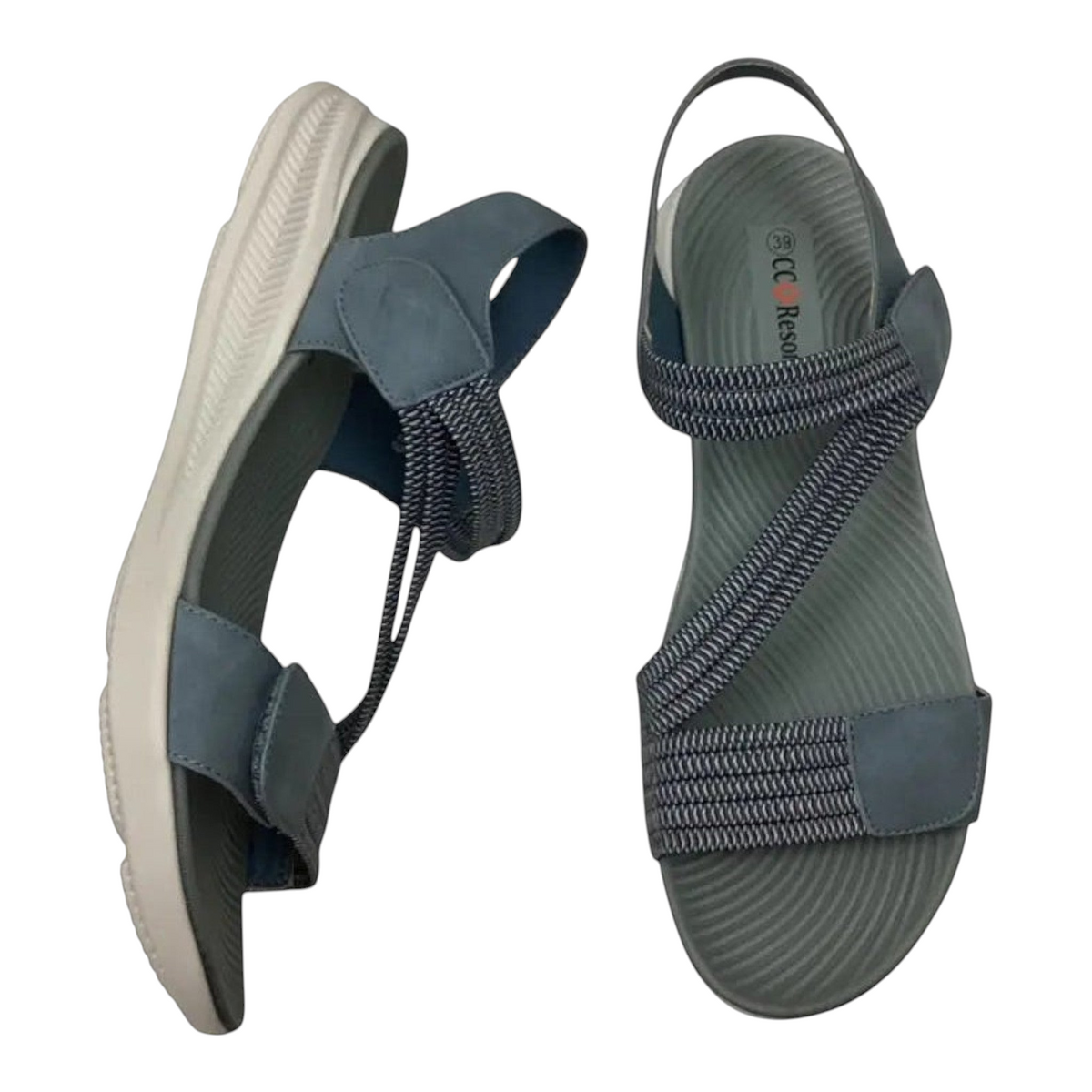 The Shoe Shop Florrie sandals in blue with grey elasticated straps and a comfortable white cushioned sole