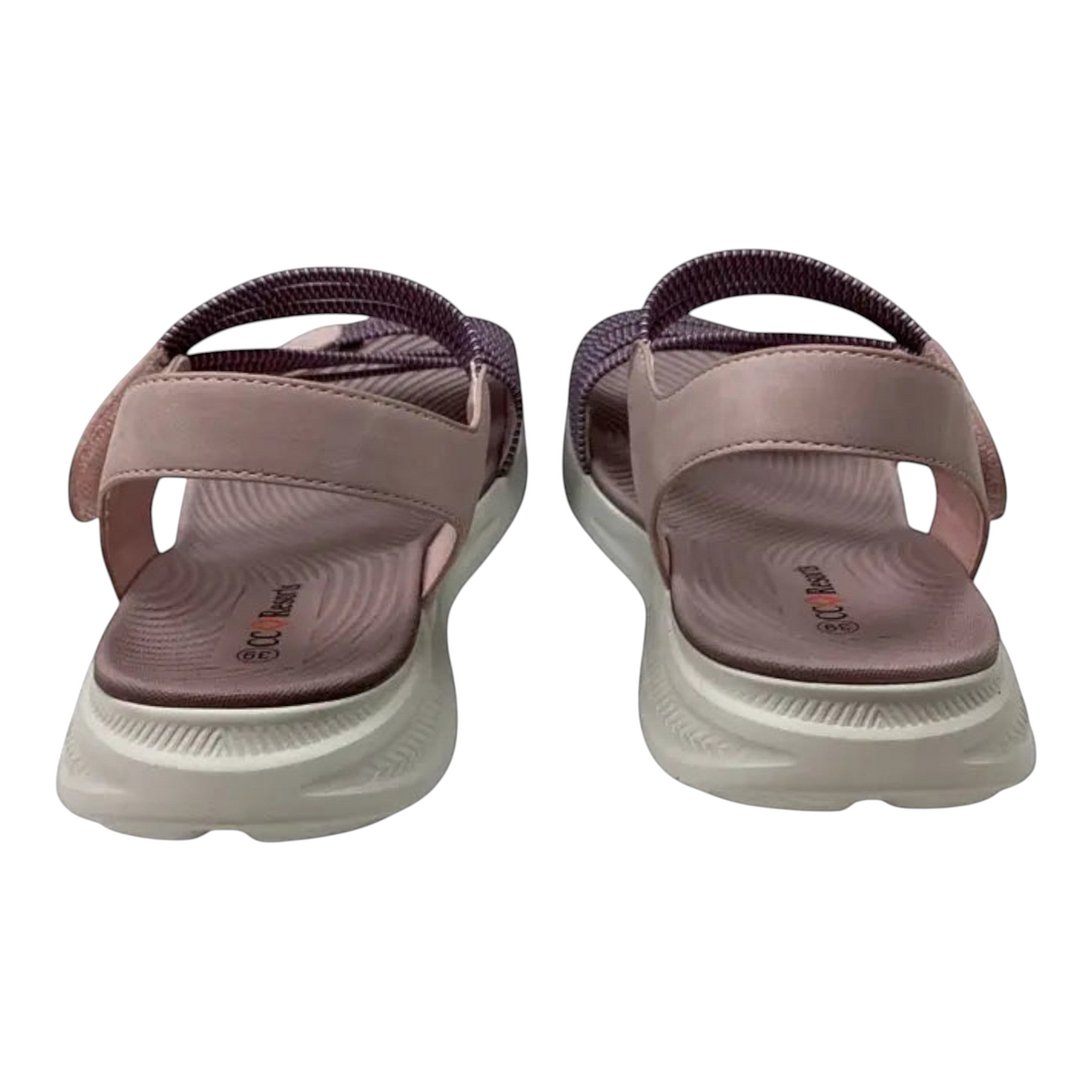 The Shoe Shop Florrie sandals in mauve with a cushioned footbed, velcro straps, and a white anti-skid sole