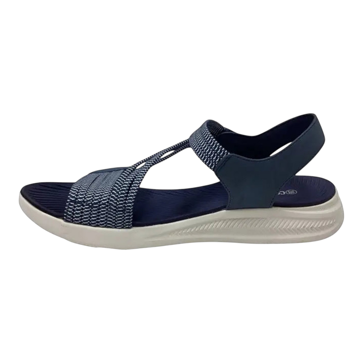 The Shoe Shop Florrie sandal in navy blue with woven elastic straps and a comfortable white cushioned sole