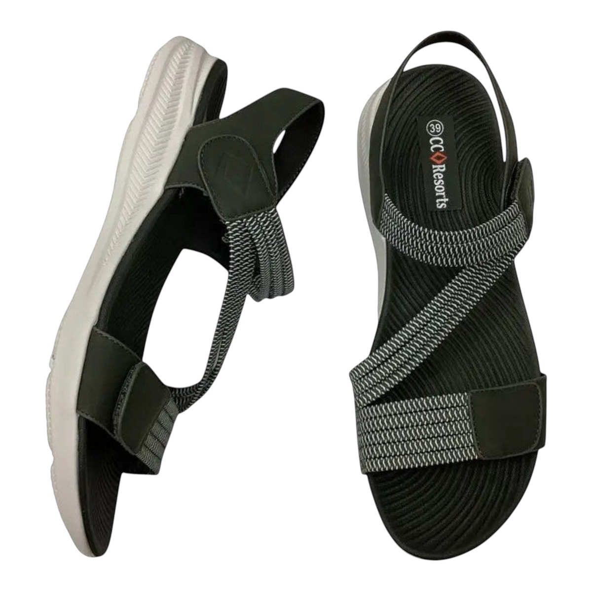 The Shoe Shop Florrie sandal in olive green with grey elastic straps and a white cushioned athletic sole