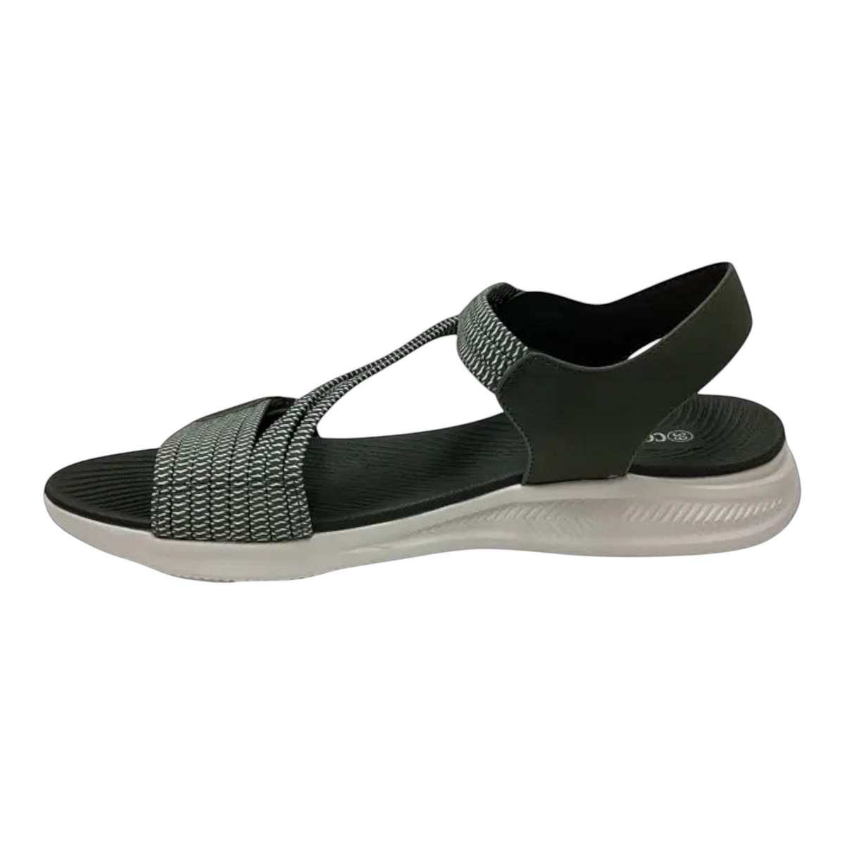 The Shoe Shop Florrie sandal in olive green with a woven strap design and comfortable white cushioned sole