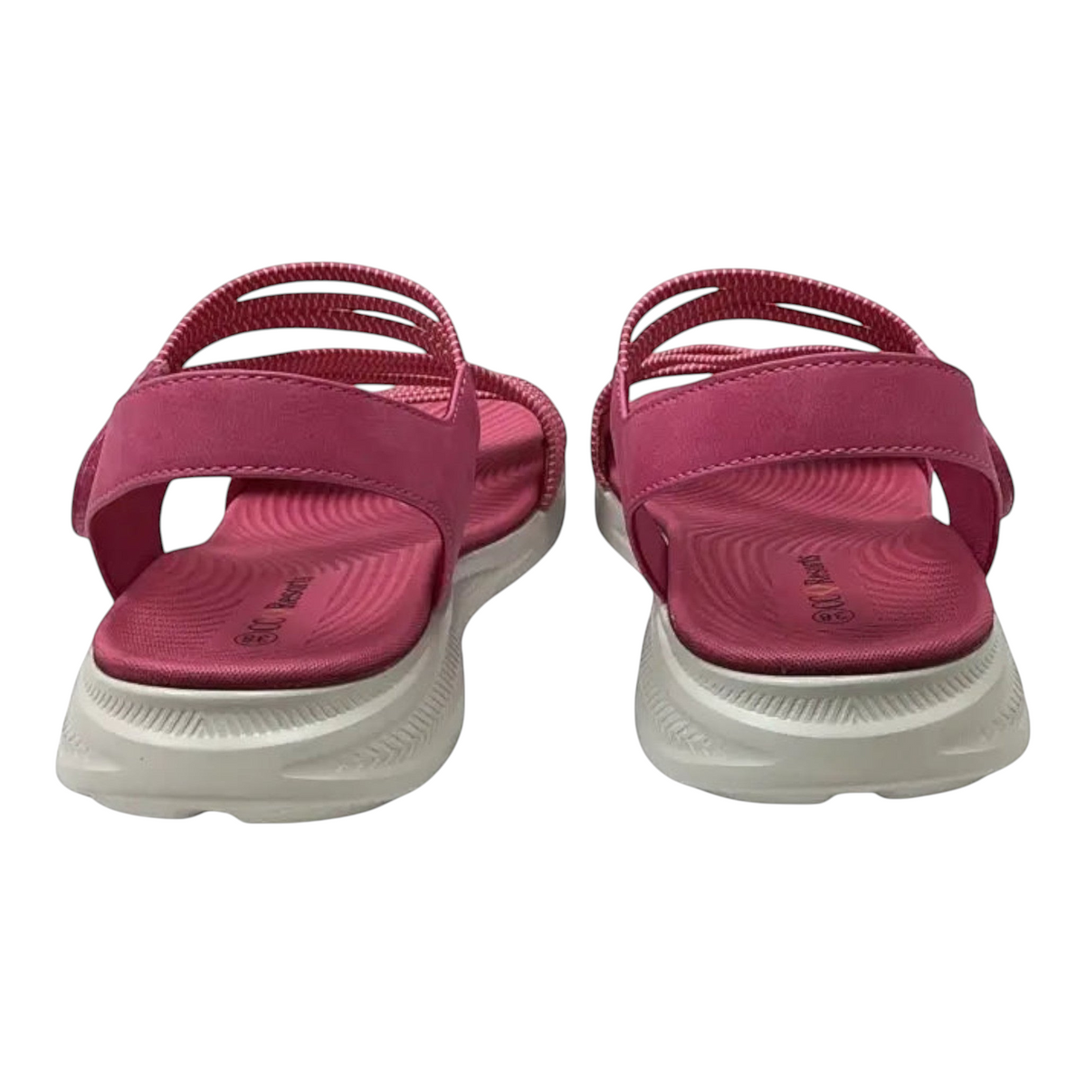 The Shoe Shop Florrie sandals in bright pink with a comfortable white cushioned sole and adjustable back strap