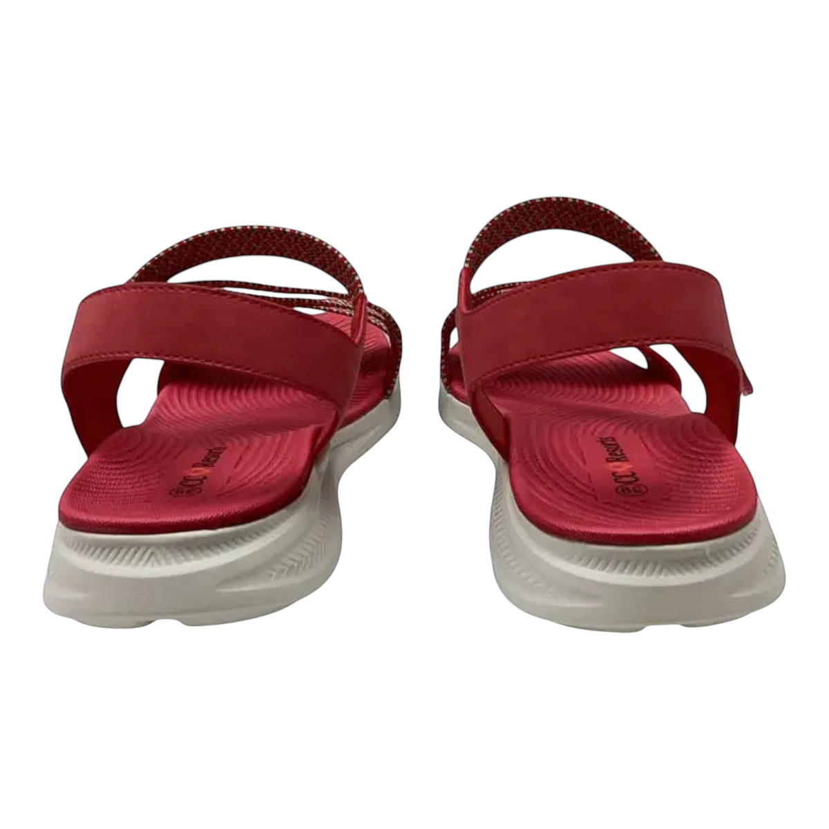 The Shoe Shop Florrie red textile sandals with adjustable Velcro straps and cushioned white anti-skid soles, rear view